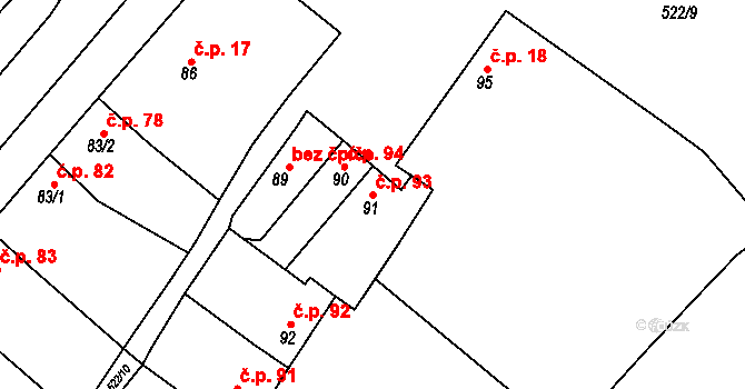 Lobodice 93 na parcele st. 91 v KÚ Lobodice, Katastrální mapa