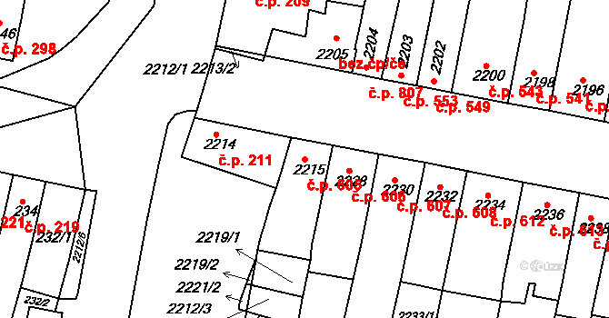 Slavkov u Brna 605 na parcele st. 2215 v KÚ Slavkov u Brna, Katastrální mapa