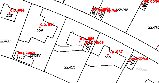 Švermov 986, Kladno na parcele st. 555 v KÚ Hnidousy, Katastrální mapa