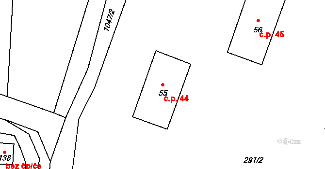 Erpužice 44 na parcele st. 55 v KÚ Erpužice, Katastrální mapa