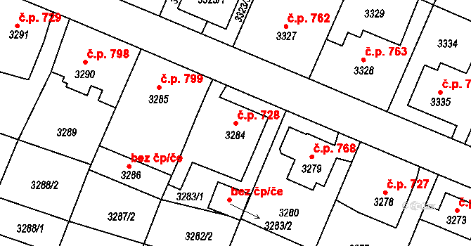 Děčín VI-Letná 728, Děčín na parcele st. 3284 v KÚ Podmokly, Katastrální mapa