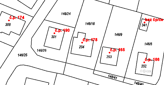 Střelské Hoštice 178 na parcele st. 204 v KÚ Střelské Hoštice, Katastrální mapa