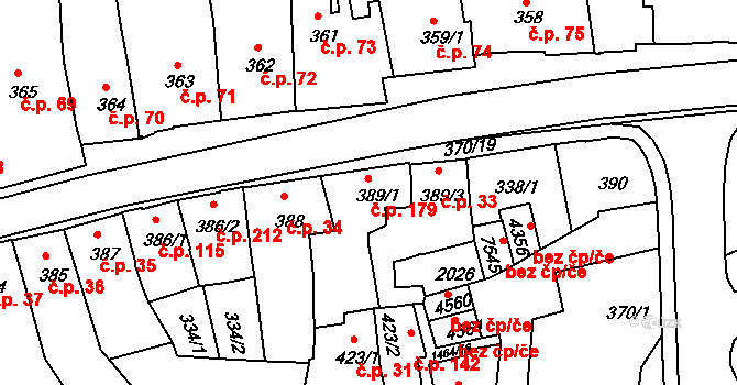 Stařečka 179, Třebíč na parcele st. 389/1 v KÚ Třebíč, Katastrální mapa