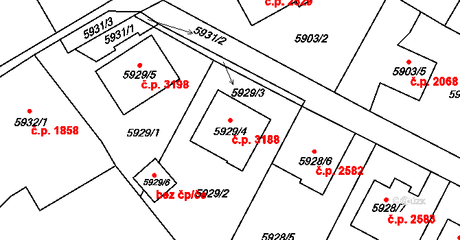 Frýdek 3188, Frýdek-Místek na parcele st. 5929/4 v KÚ Frýdek, Katastrální mapa