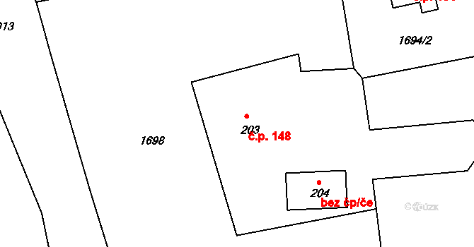 Vidče 148 na parcele st. 203 v KÚ Vidče, Katastrální mapa