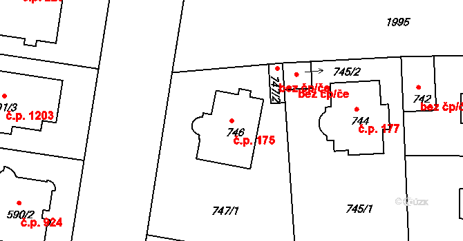 Podolí 175, Praha na parcele st. 746 v KÚ Podolí, Katastrální mapa