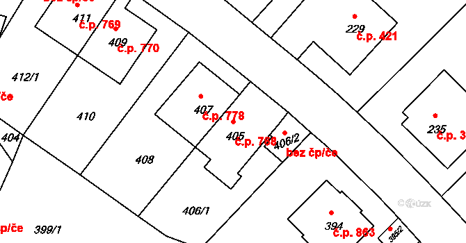Braník 768, Praha na parcele st. 405 v KÚ Braník, Katastrální mapa