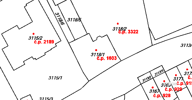 Česká Lípa 1603 na parcele st. 3118/1 v KÚ Česká Lípa, Katastrální mapa