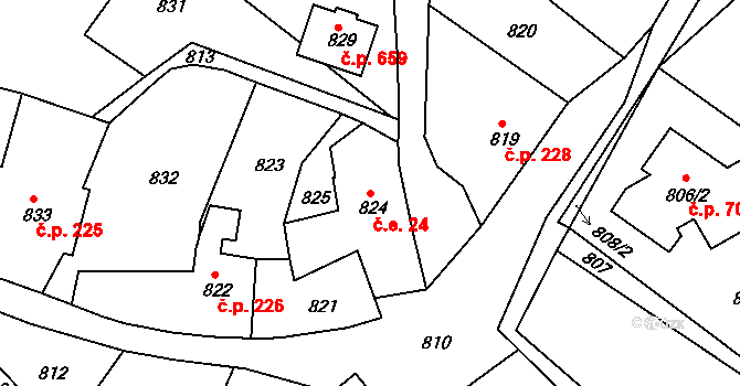 Hodkovice nad Mohelkou 24 na parcele st. 824 v KÚ Hodkovice nad Mohelkou, Katastrální mapa