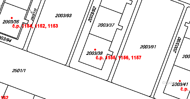 Doubravka 1155,1156,1157, Plzeň na parcele st. 2003/38 v KÚ Doubravka, Katastrální mapa