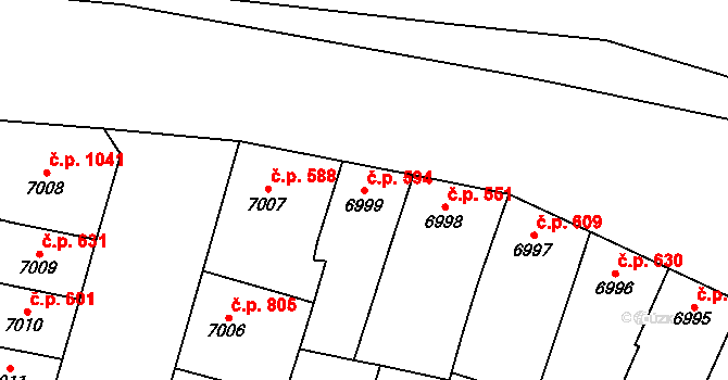 Jižní Předměstí 594, Plzeň na parcele st. 6999 v KÚ Plzeň, Katastrální mapa