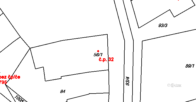 Vrahovice 32, Prostějov na parcele st. 56/1 v KÚ Vrahovice, Katastrální mapa