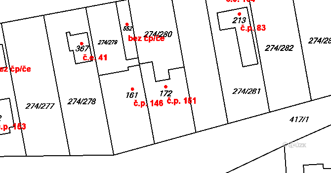 Hostěnice 151 na parcele st. 172 v KÚ Hostěnice, Katastrální mapa