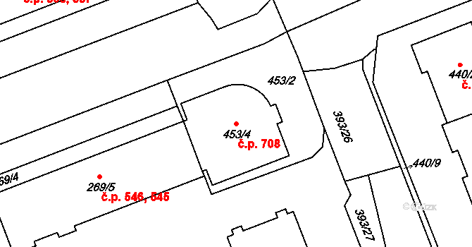 Štětí 708 na parcele st. 453/4 v KÚ Štětí I, Katastrální mapa