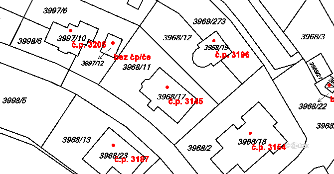 Česká Lípa 3145 na parcele st. 3968/17 v KÚ Česká Lípa, Katastrální mapa