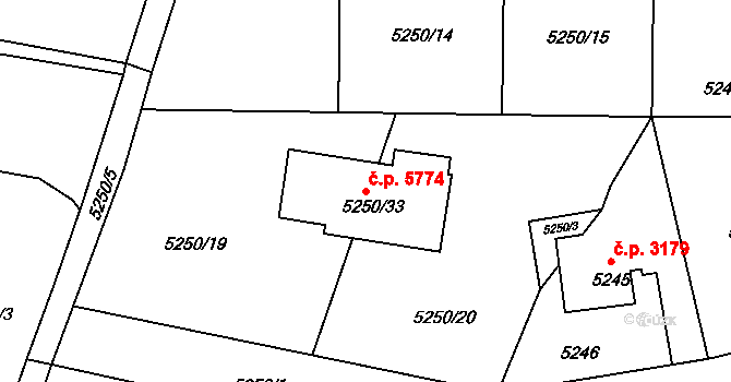 Chomutov 5774 na parcele st. 5250/33 v KÚ Chomutov I, Katastrální mapa
