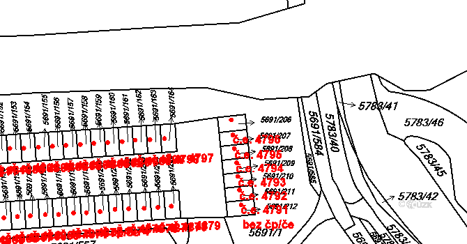 Jihlava 4796 na parcele st. 5691/206 v KÚ Jihlava, Katastrální mapa