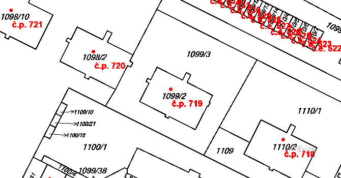 Bystřice nad Pernštejnem 719 na parcele st. 1099/2 v KÚ Bystřice nad Pernštejnem, Katastrální mapa