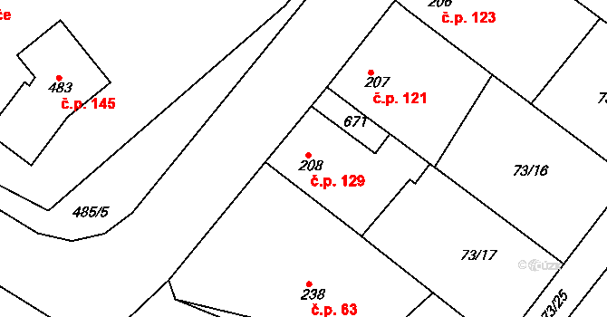 Byškovice 129, Neratovice na parcele st. 208 v KÚ Byškovice, Katastrální mapa
