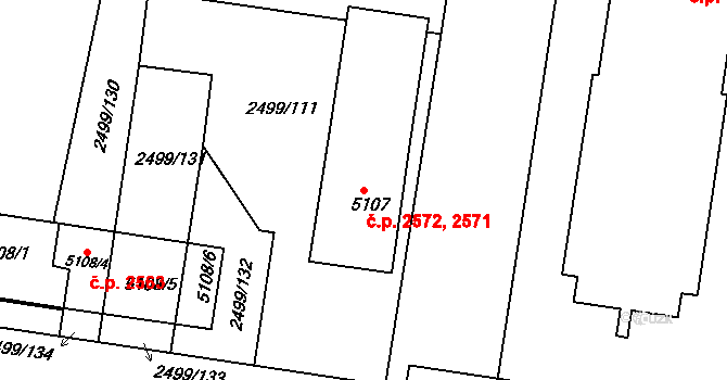 Zelené Předměstí 2571,2572, Pardubice na parcele st. 5107 v KÚ Pardubice, Katastrální mapa