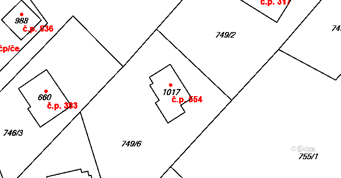 Podhůří 554, Vrchlabí na parcele st. 1017 v KÚ Podhůří-Harta, Katastrální mapa