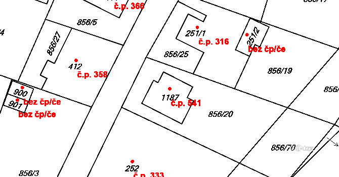 Hanušovice 541 na parcele st. 1187 v KÚ Hanušovice, Katastrální mapa