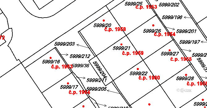 Velké Meziříčí 1959 na parcele st. 5999/21 v KÚ Velké Meziříčí, Katastrální mapa