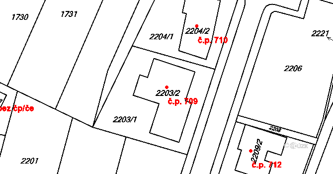 Rájec 709, Rájec-Jestřebí na parcele st. 2203/2 v KÚ Rájec nad Svitavou, Katastrální mapa
