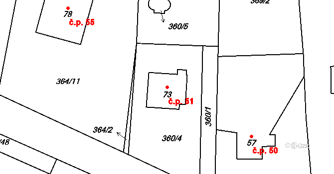 Tojice 51 na parcele st. 73 v KÚ Tojice, Katastrální mapa