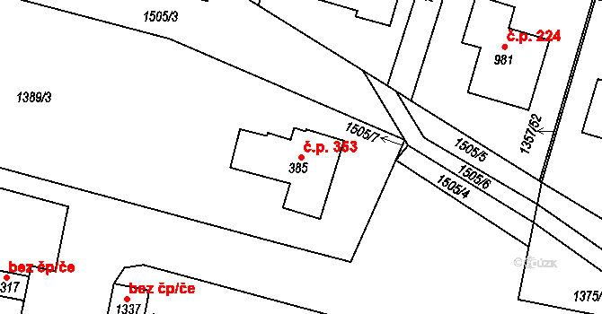 Chvaletice 353 na parcele st. 385 v KÚ Telčice, Katastrální mapa