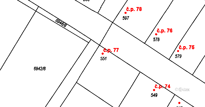 Hrádek 77 na parcele st. 551 v KÚ Hrádek u Znojma, Katastrální mapa