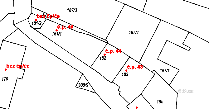 Hlízov 44 na parcele st. 182 v KÚ Hlízov, Katastrální mapa