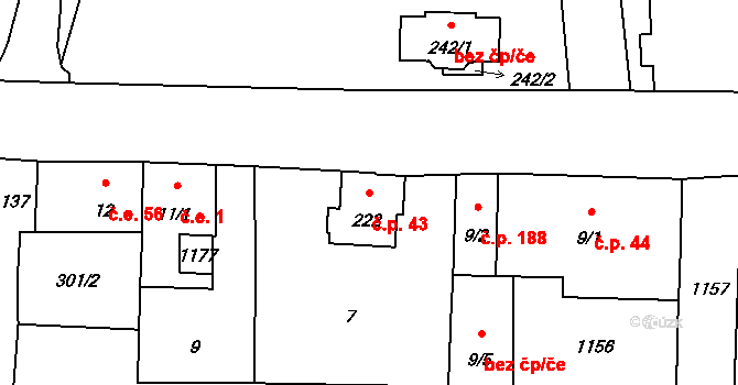 Boží Dar 43 na parcele st. 222 v KÚ Boží Dar, Katastrální mapa