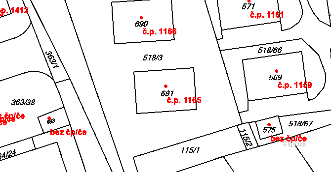 Hostivice 1165 na parcele st. 691 v KÚ Litovice, Katastrální mapa