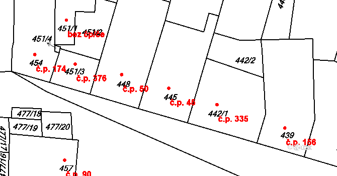 Moutnice 45 na parcele st. 445 v KÚ Moutnice, Katastrální mapa