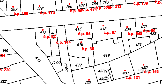 Švermov 85, Kladno na parcele st. 416 v KÚ Motyčín, Katastrální mapa