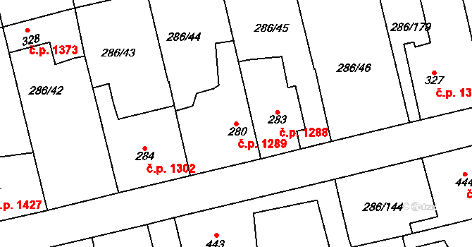 Švermov 1289, Kladno na parcele st. 280 v KÚ Hnidousy, Katastrální mapa