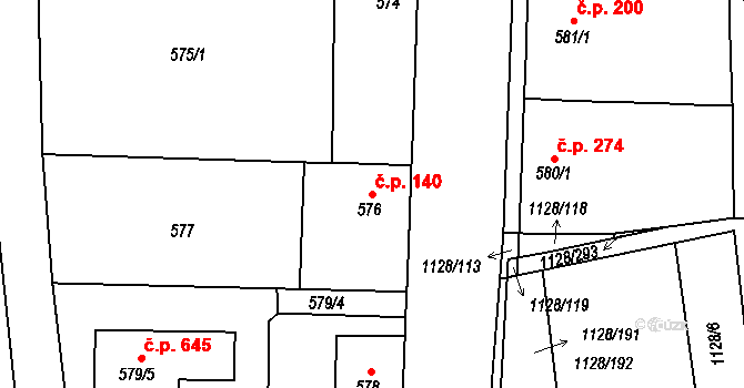Tuchlovice 140 na parcele st. 576 v KÚ Tuchlovice, Katastrální mapa