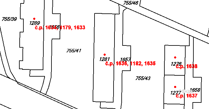Blansko 1182,1635,1636 na parcele st. 1281 v KÚ Blansko, Katastrální mapa