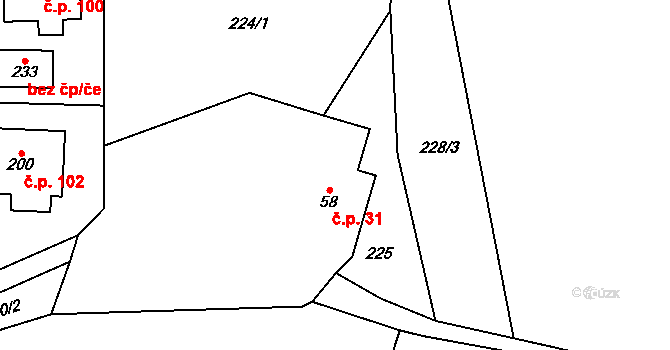 Bradlecká Lhota 31 na parcele st. 58 v KÚ Bradlecká Lhota, Katastrální mapa