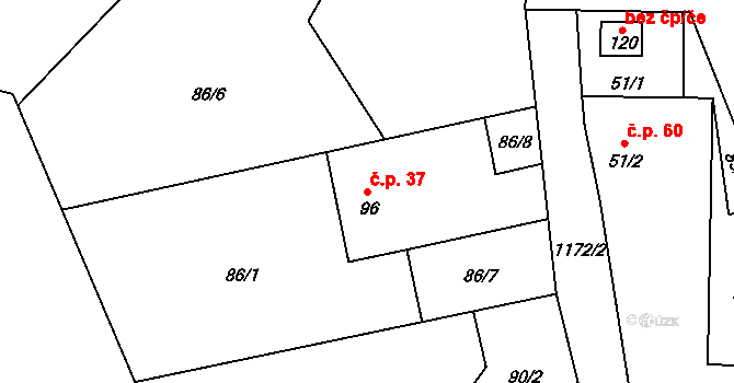 Vlčeves 37 na parcele st. 96 v KÚ Vlčeves, Katastrální mapa