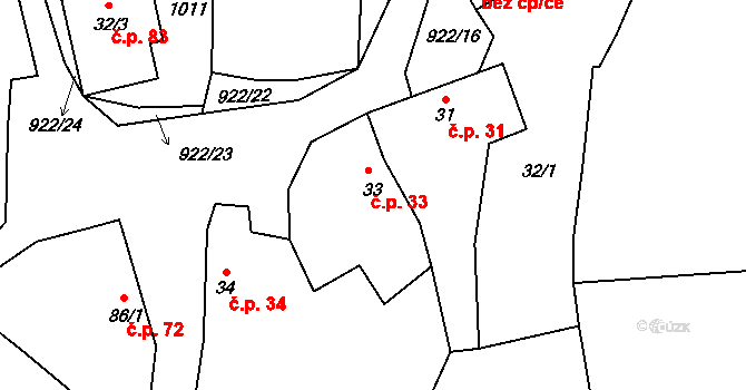 Buzice 33 na parcele st. 33 v KÚ Buzice, Katastrální mapa