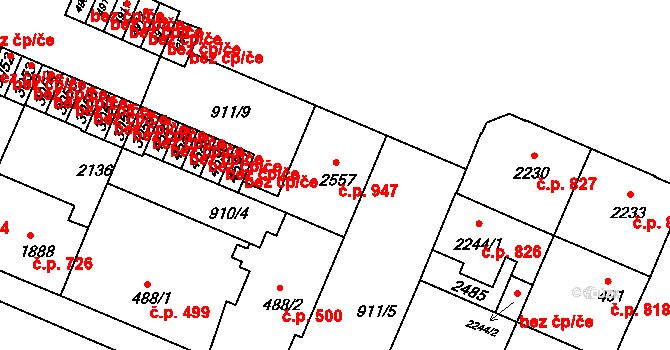 Horka-Domky 947, Třebíč na parcele st. 2557 v KÚ Třebíč, Katastrální mapa