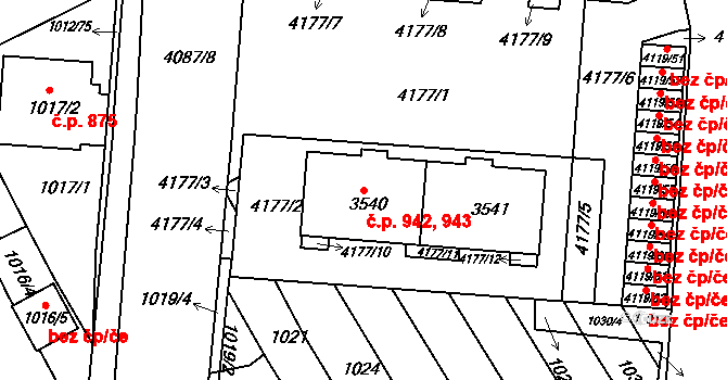 Komín 942,943, Brno na parcele st. 3540 v KÚ Komín, Katastrální mapa