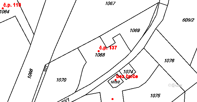 Valchov 137 na parcele st. 1068 v KÚ Valchov, Katastrální mapa