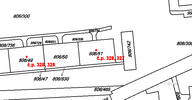 Malešice 327,328, Praha na parcele st. 806/51 v KÚ Malešice, Katastrální mapa