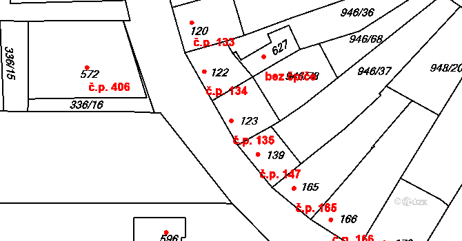 Čebín 135 na parcele st. 123 v KÚ Čebín, Katastrální mapa