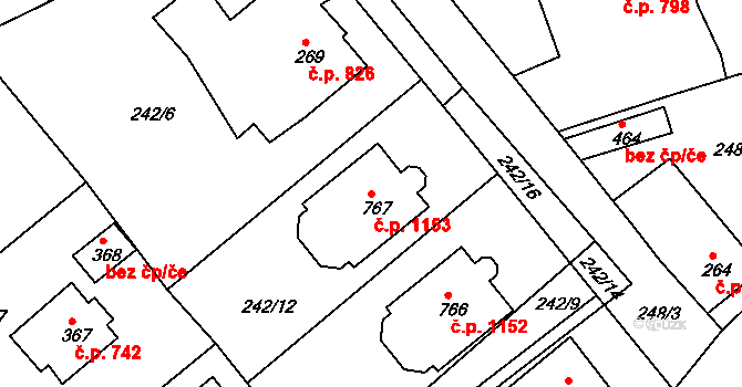 Rudná 1153 na parcele st. 767 v KÚ Hořelice, Katastrální mapa