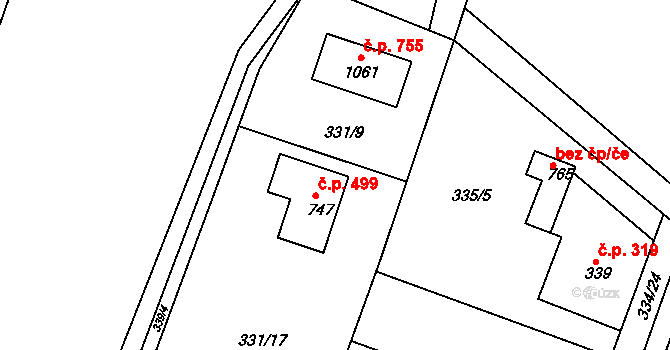 Hýskov 499 na parcele st. 747 v KÚ Hýskov, Katastrální mapa