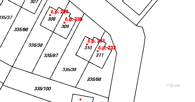 Tachlovice 232 na parcele st. 311 v KÚ Tachlovice, Katastrální mapa
